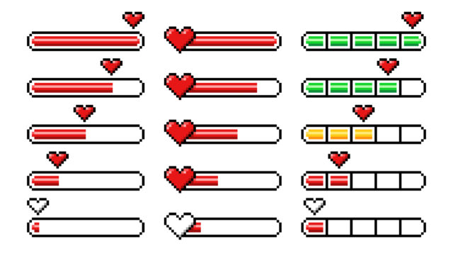 A series of different types of pixel health bars and various levels of fullness.