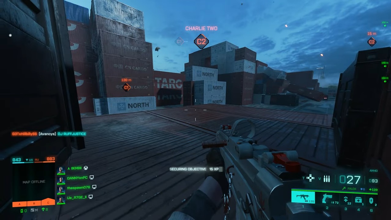 An image of the first-person view of Battlefield on a standard map.