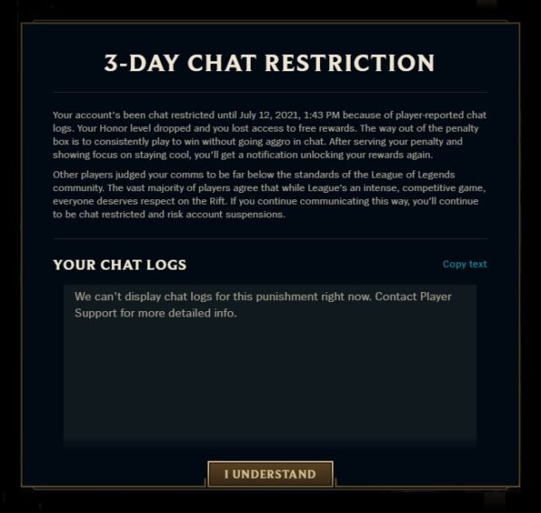 An example of a 3-day restriction notification in League of Legends.