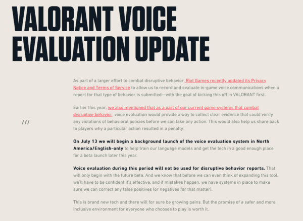 Valorant's announcement for its voice evaluation system.