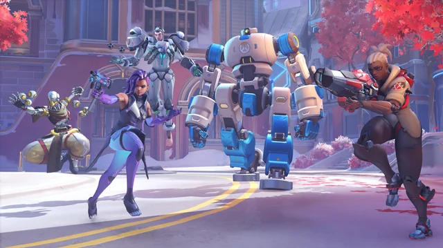 A promotional image of Zenyatta, Sombra, Sigma and Sojourn escorting a push bot in Overwatch 2's Push Mode.