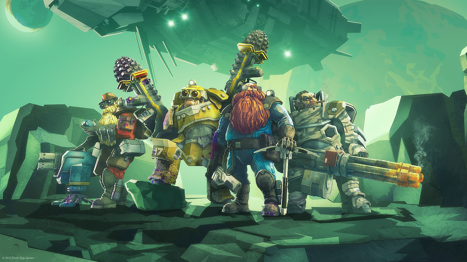 A team shot of all four dwarves in Deep Rock Galactic.