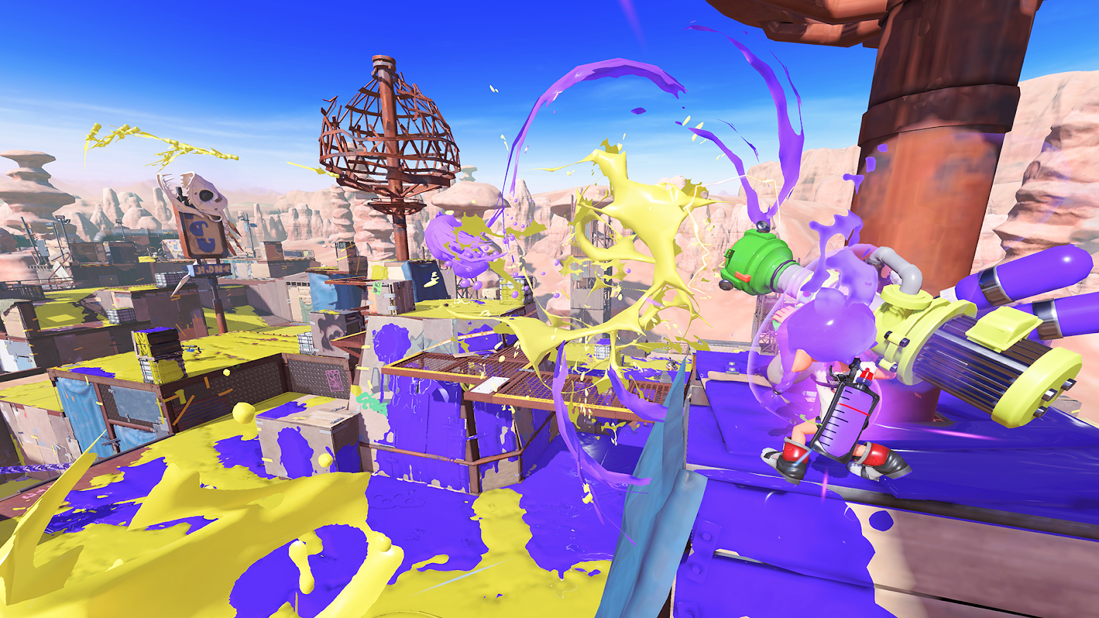 Shows a map in Splatoon covered in yellow and purple paint.