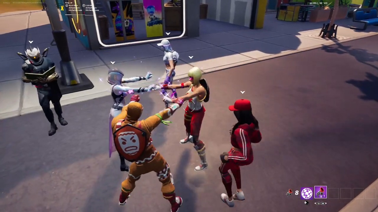 Three players dancing together in Fortnite.