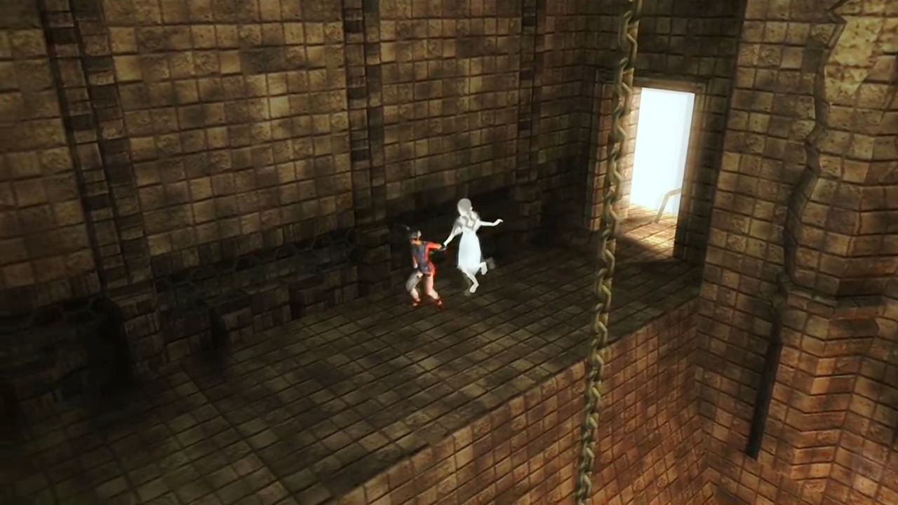 Two characters holding hands in ICO.
