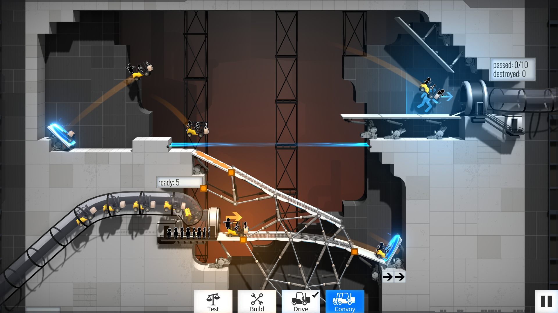A screenshot from Bridge Constructor Portal where a player is testing a solution.