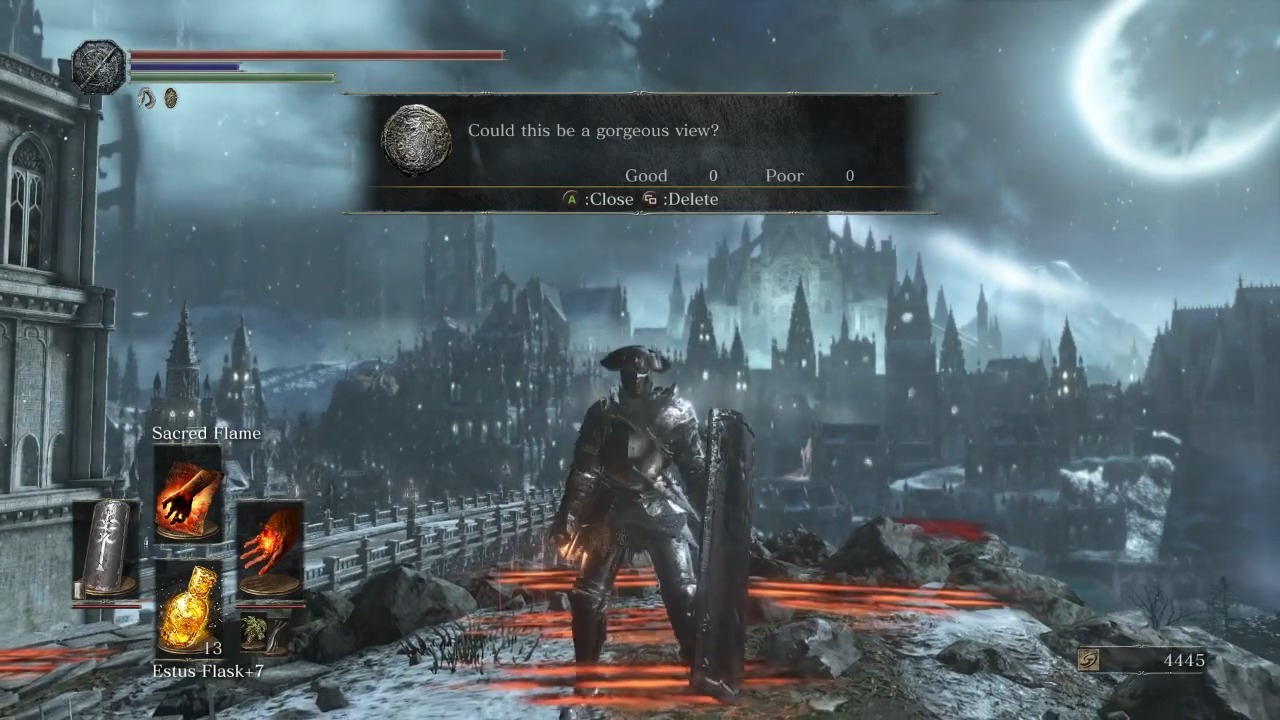 Screenshot of a player who left a message in Dark Souls to help others, and then struck a pose above an incredible landscape.