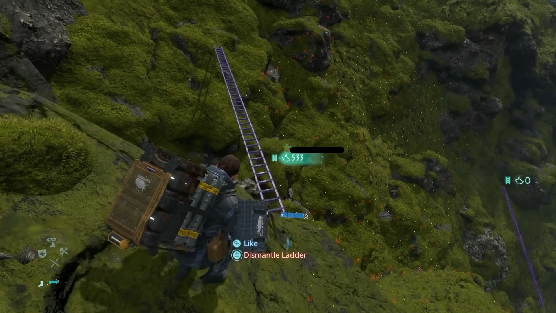 A screenshot from Death Stranding where a player left a ladder than players in other world's could use. These players showed their appreciatino with "likes."