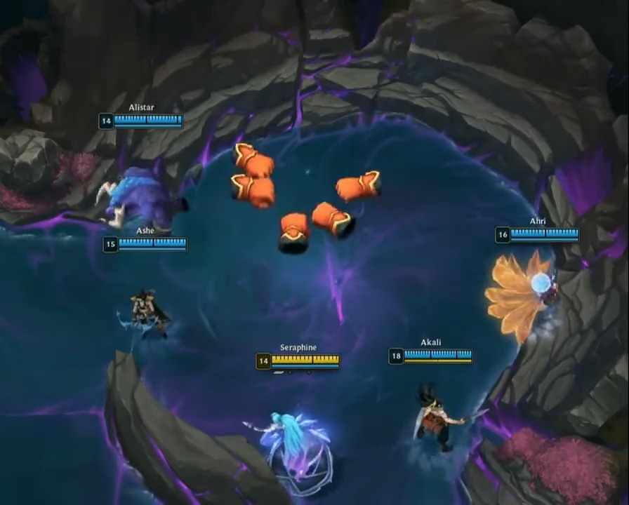Five players about to fist bump each other in the baron pit of League of Legends.