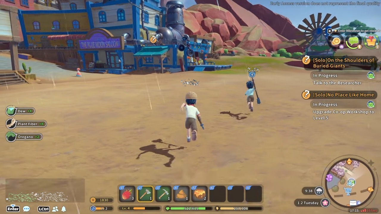 Screenshot of two players running around, building a town in My Time At Sandrock.