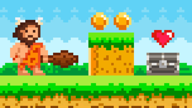 A picture of a generic pixel-art caveman, not a with any game.