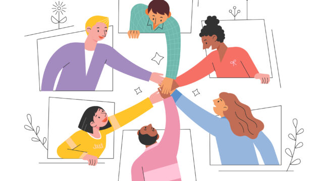 Cartoon people in a circle reaching out to lend a hand to each other