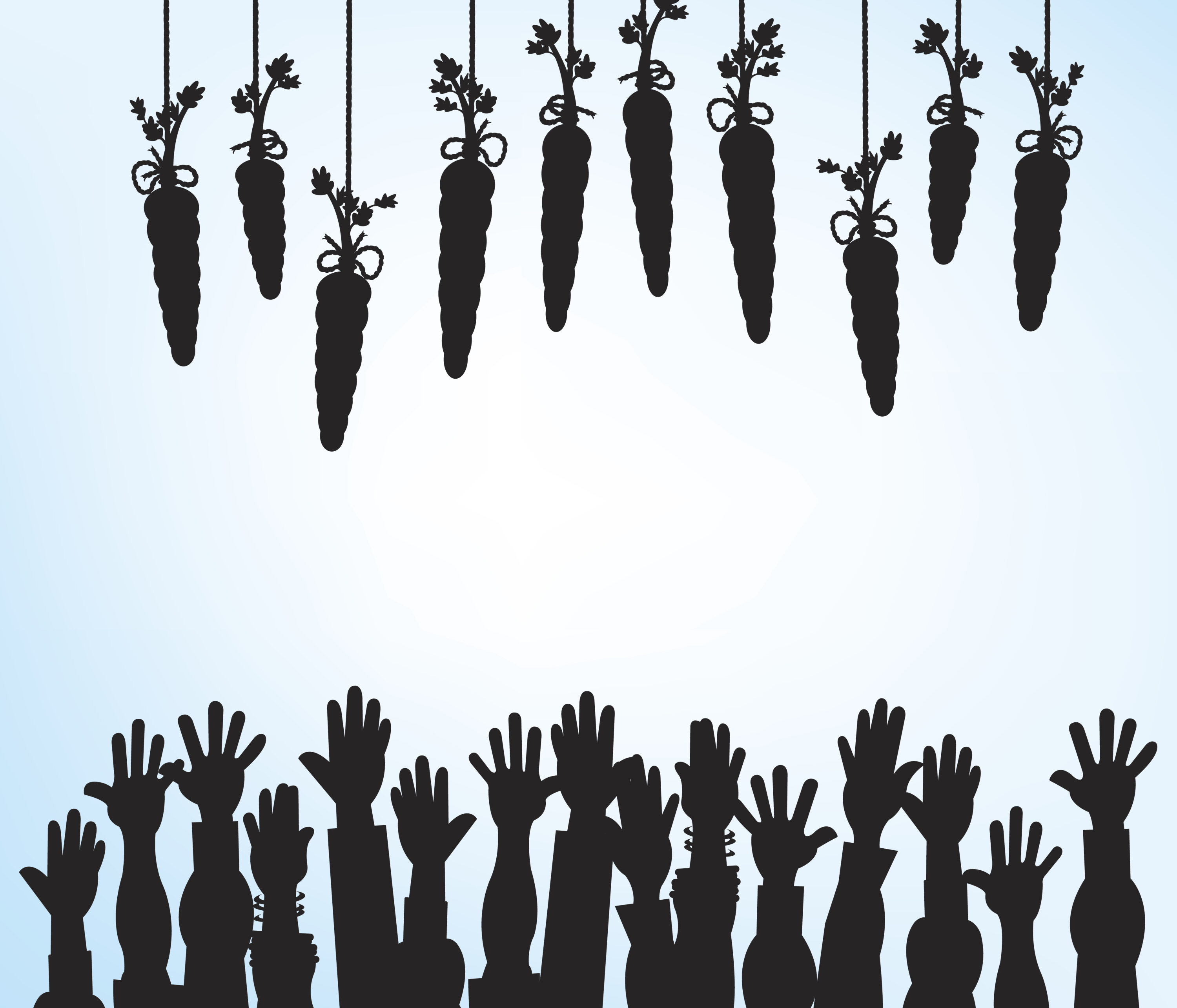 Silhouettes of hands reaching for carrots dangling above.