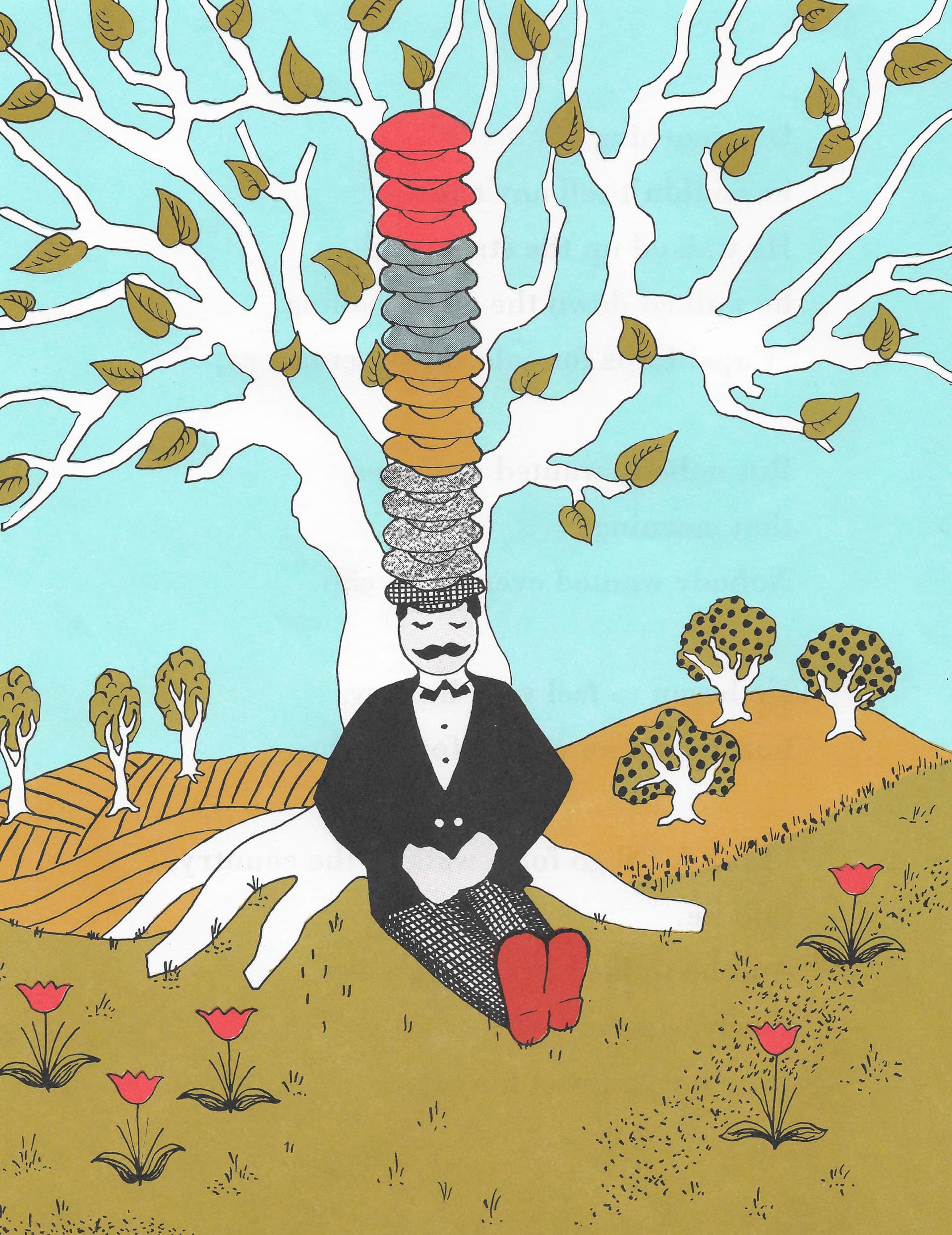 Illustration by Esphyr Slobodkin showing a man with many hats stacked upon his head.