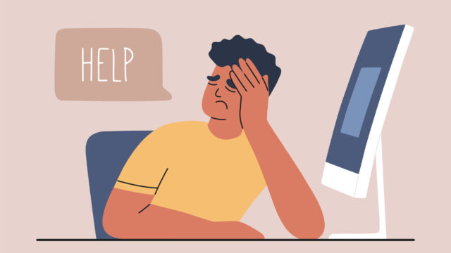 Exhausted tired man at computer overworked and request help.